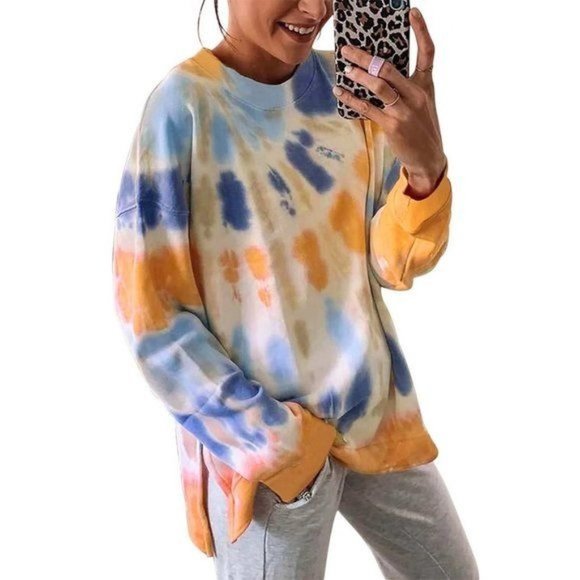 Tops - Tie-dye Side Slits Pullover Orange Sweatshirt X LARGE (4446)